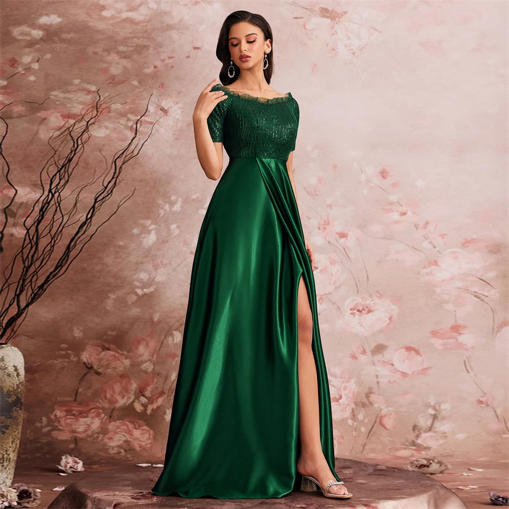 Lucyinlove luxo verde cetim com decote em v vestido de noite feminino cetim festa de casamento baile até o chão vestido de cocktail fora do ombro