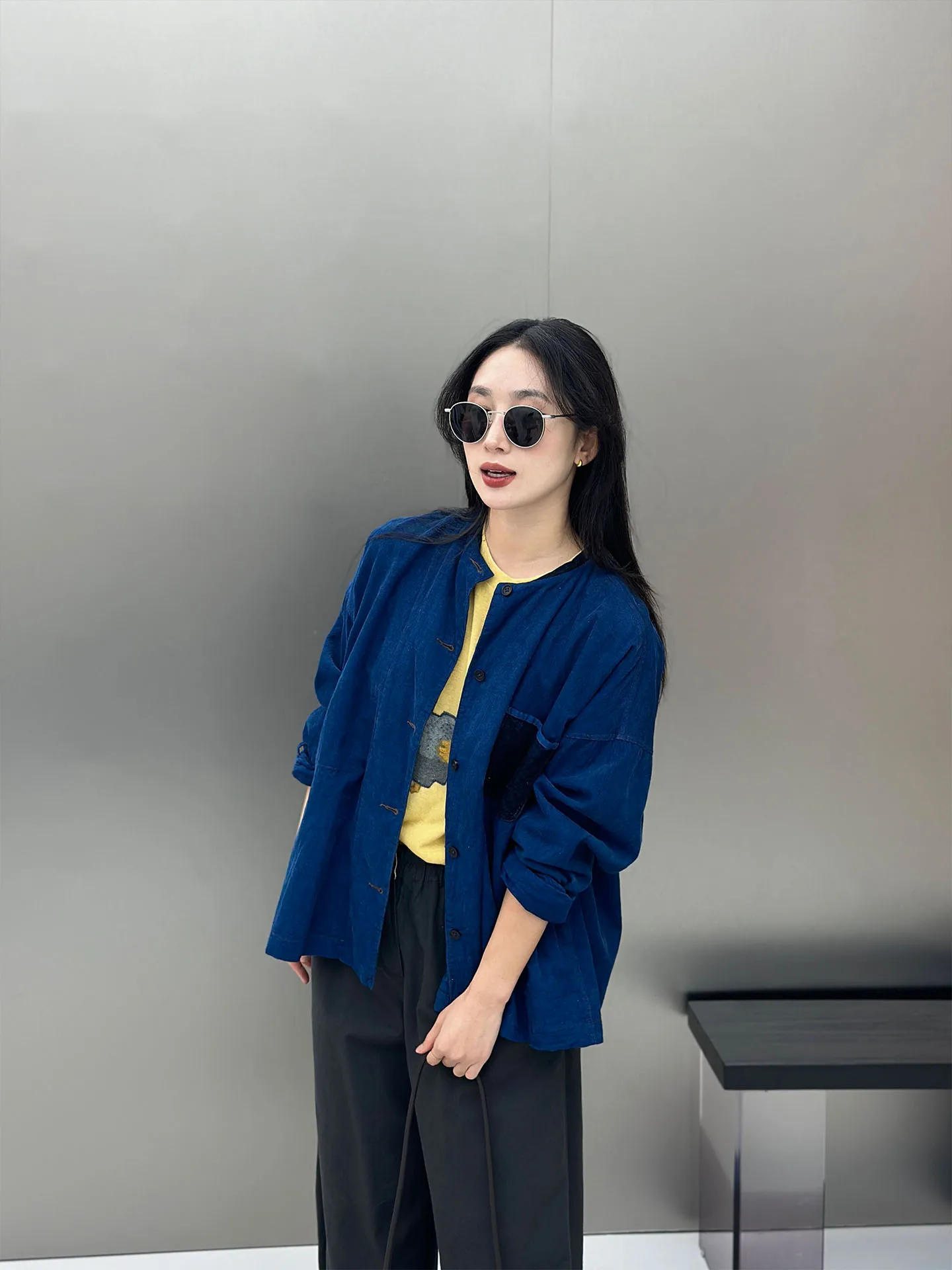 

Синий хлопково-льняной кардиган с круглым вырезом, весна 2026, женский, высокой плотности, дышащий, прямого кроя, без застежек