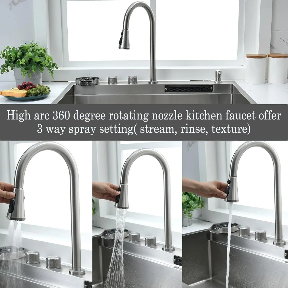 33 inch waterfall drop in kitchen sink with fuacet combo- 33x22 waterfall kitchen sink with cup washer stainess steel top mount