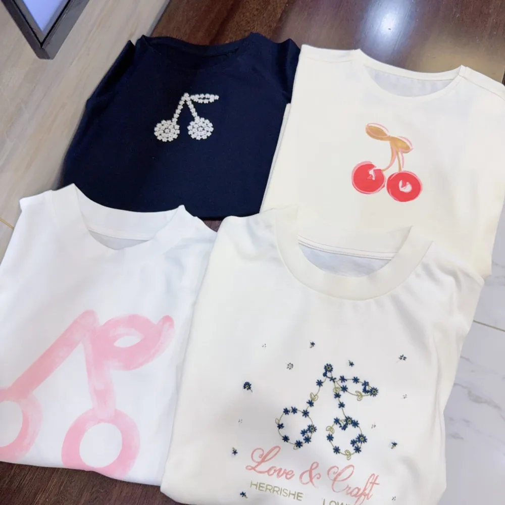 Girls' Summer T-shirt French style girls' T-shirt Cherry print casual short sleeved top baby girl clothes kids tops