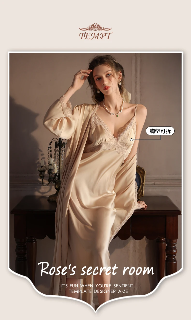 DAIMELU pajamas with chest pads sleepwear set sexy Nightgowns ice silk nightwear lace splicing extended pyjama female nightdress