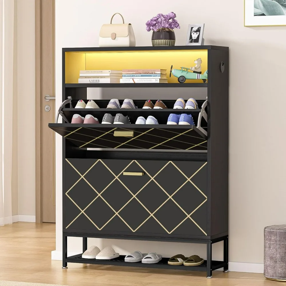 

Metal leg shoe cabinet with 2 flip drawers, 24 pairs of shoe rack storage, open shelves and LED light shoe storage cabinet