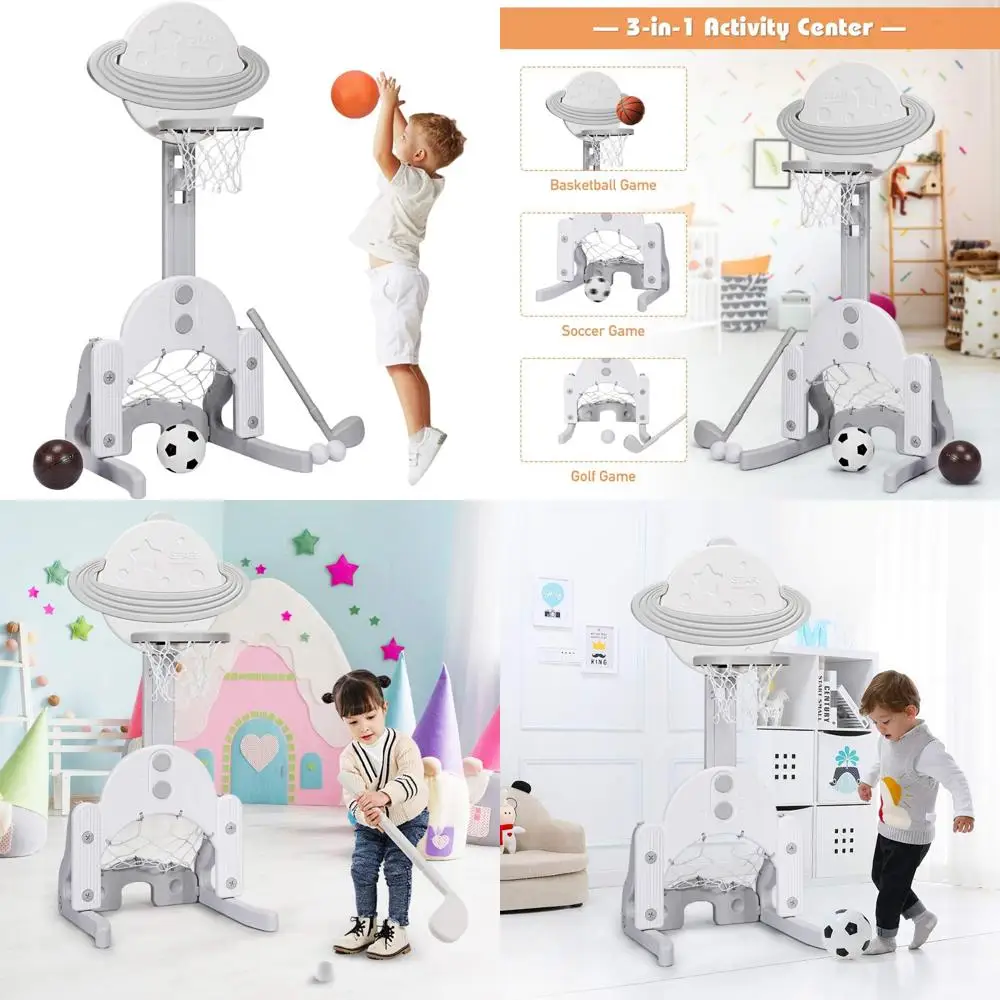 Aro de baloncesto para niños con alturas ajustables, centro de actividades deportivas para niños pequeños, juego de baloncesto, fútbol y golf para niños