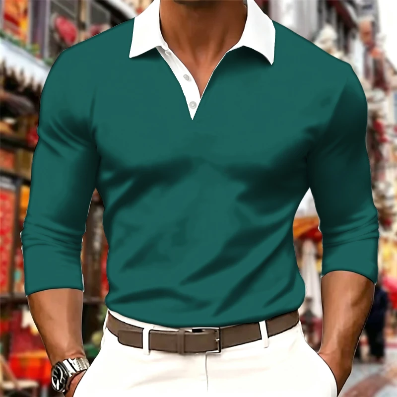 Men Contrast White Collar Long Sleeve Polo Shirt V Neck Button Floral Ginkgo Leaf Print Solid Color Slim Fit Business Casual Top