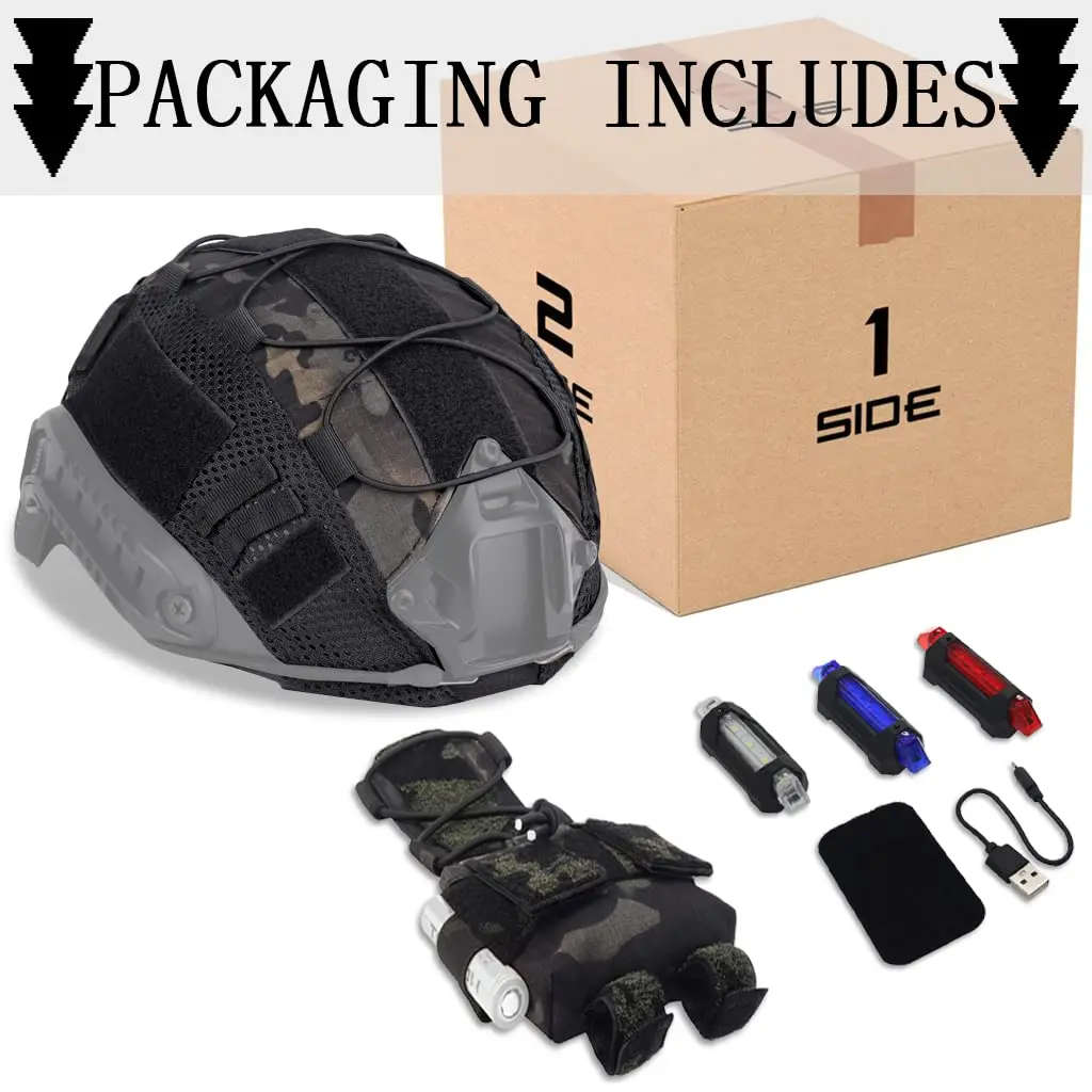 Tactical FAST Helmet Cover Accessories Set Helmet Battery Pouch with 3 Flash Lights for Airsoft Paintball Hunting Shooting