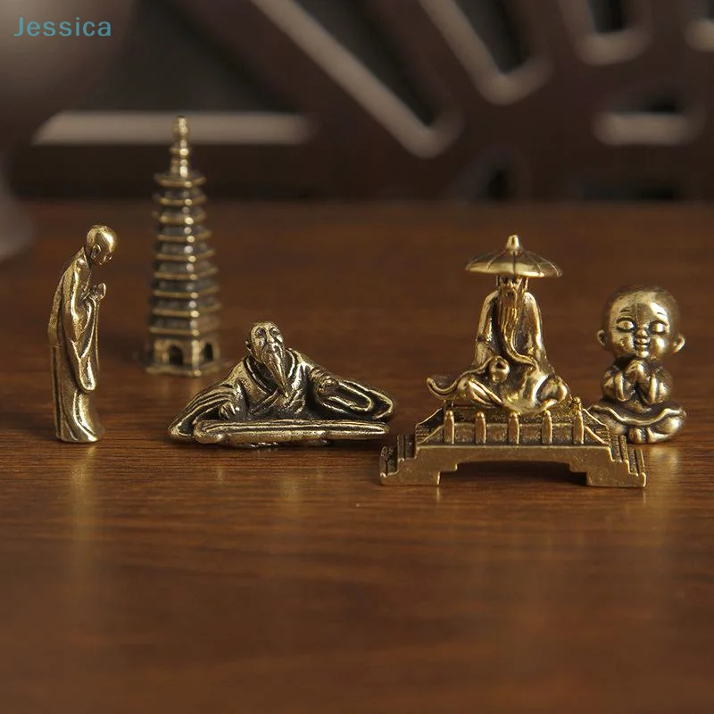 ♥ Ensemble de mini figurines Zen en laiton vintage, statues de moine, de pagode et d'érudit pour décor de bonsaï, ornement de bureau et espace de méditation