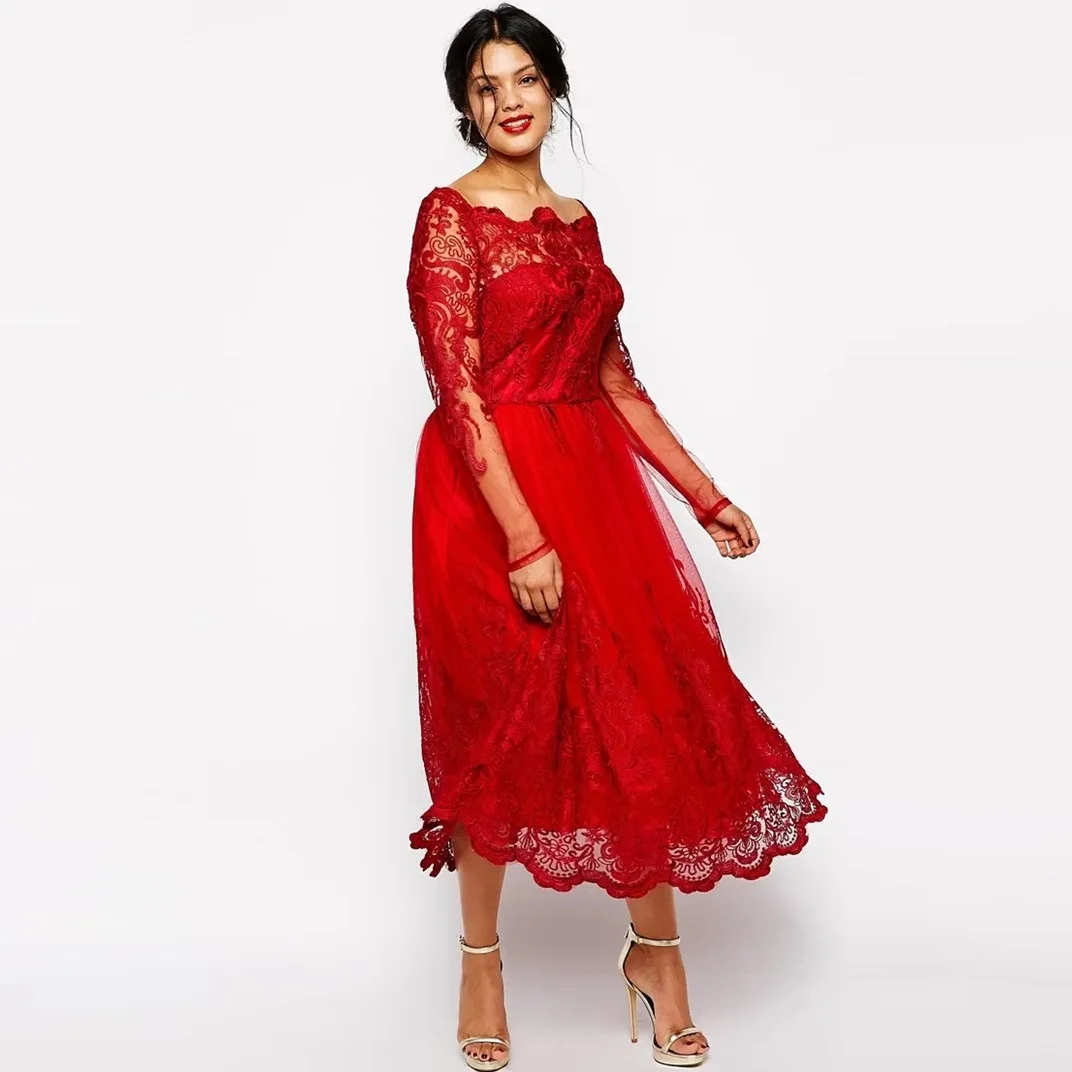 Red Full Lace Plus Size Formal Dresses Sheer Bateau Long Sleeve Evening Gowns Tea Length A-Line Mother Of The Bride