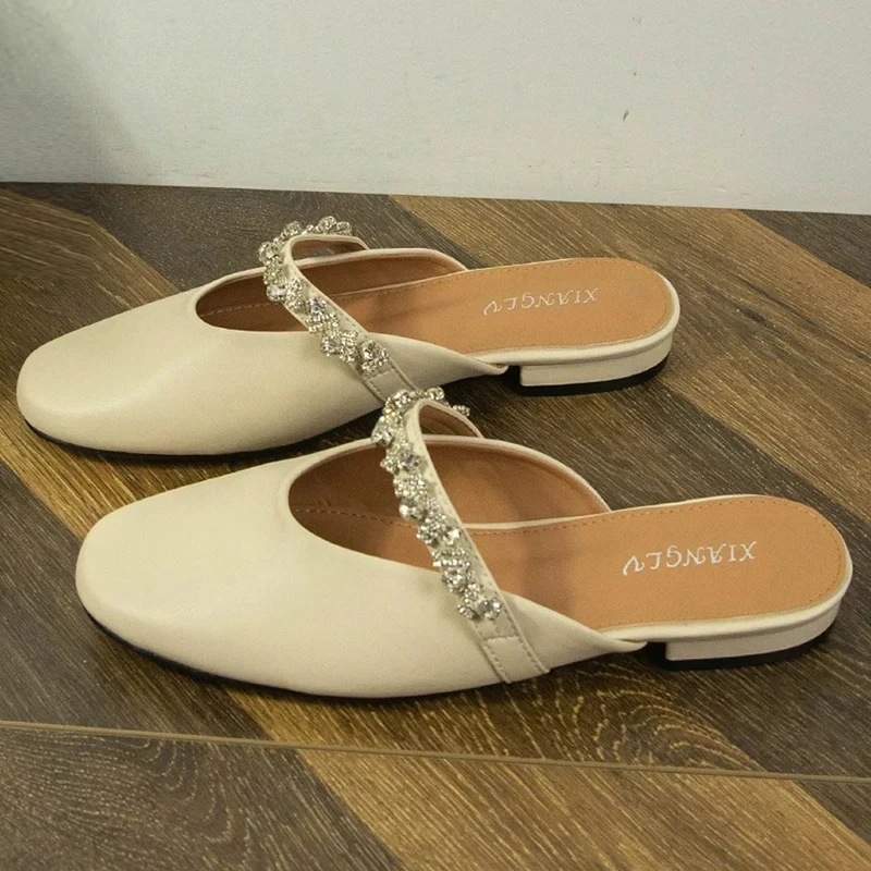 sandalias de mujer True Soft Leather Head Cover Sandals for Women Outdoor Wear 2026 New Thick Heel Mid Heel Pearl Semi-Slip-On view 3