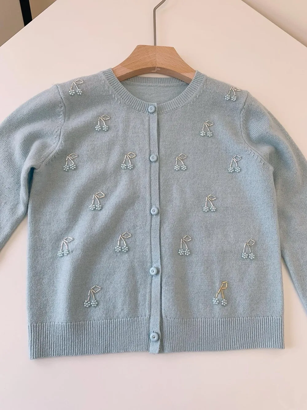 kids coat girl clothes Cartoon cherry bead pattern fashionable cardigan Girls' spring and summer blue knitted cardigan