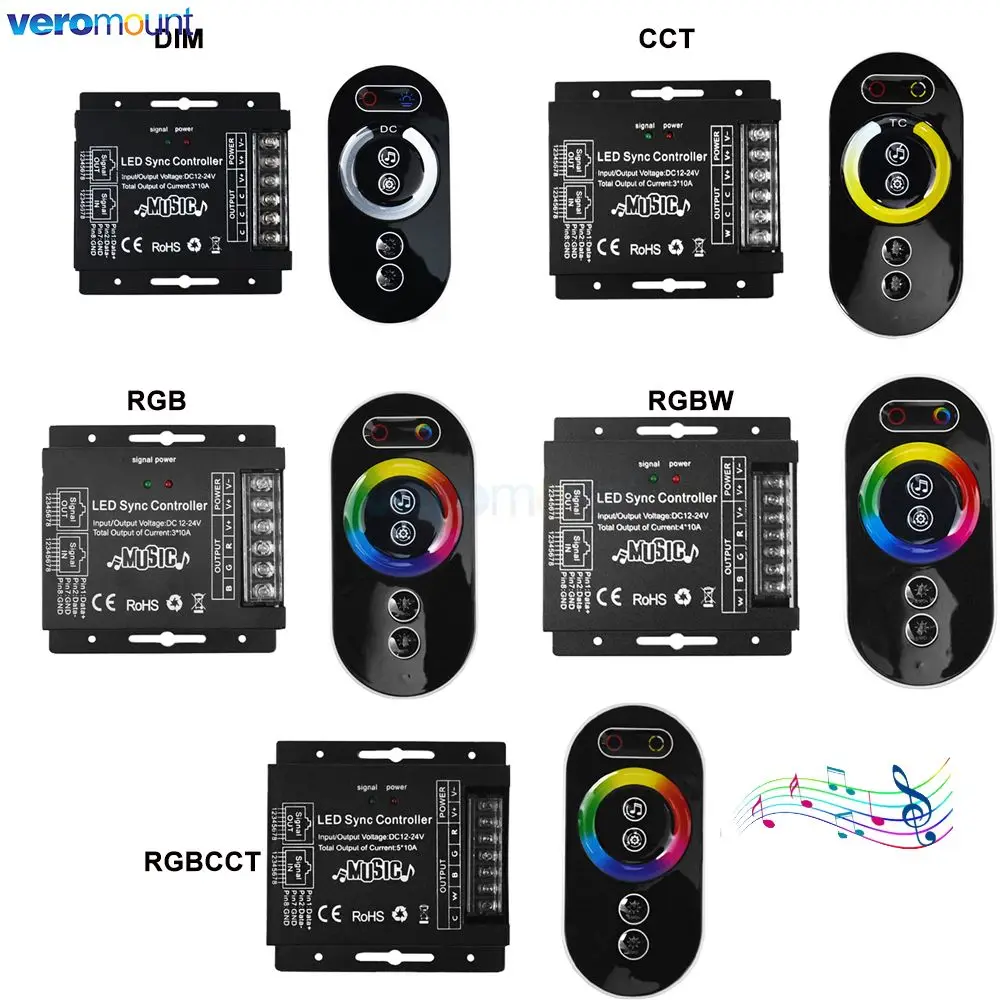 DC12V 24V LED Music Controller RJ45 Port Sync Touch Wireless Remote Dimmer per Single Color CCT RGB RGBW RGBCCT LED Strip Lights