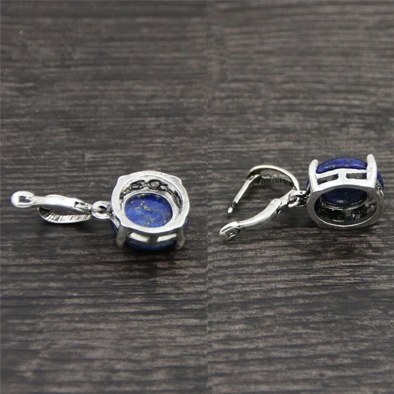 Vintage Round Natural Quartz Lapis Claw Pendant Earrings For Women Antique Silver Plated Stone Unakite Fashion Jewerly