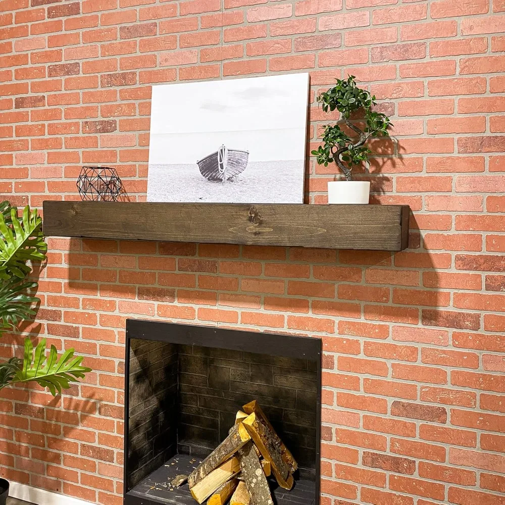 Fireplace Mantel, Rustic, Shelf, Floating Mantle, Real Wood, Beam, URBANDI (Dark Brown, 60Lx6Hx8D)