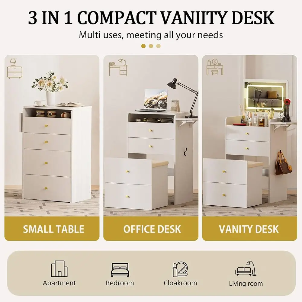 3-in-1 Compact Makeup Vanity Desk with Glass Top, LED Lights, and Storage Stool for Bedroom or Office
