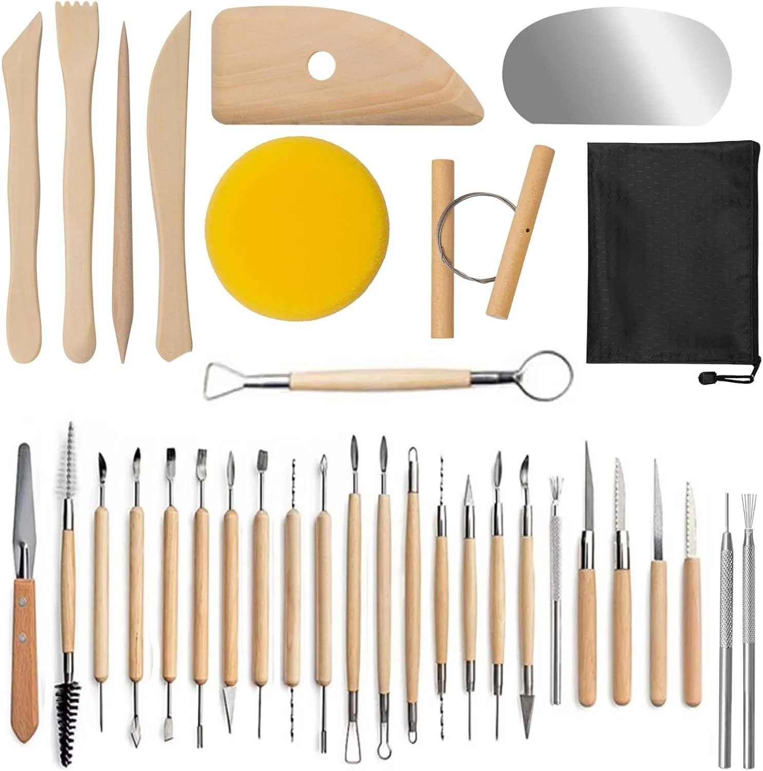 

34PCS Pottery Tools Sculpting Clay Set for Carving, Cutting, Ceramic Tool for Modeling Tool Kits for Pottery Kiln Wooden Knifes