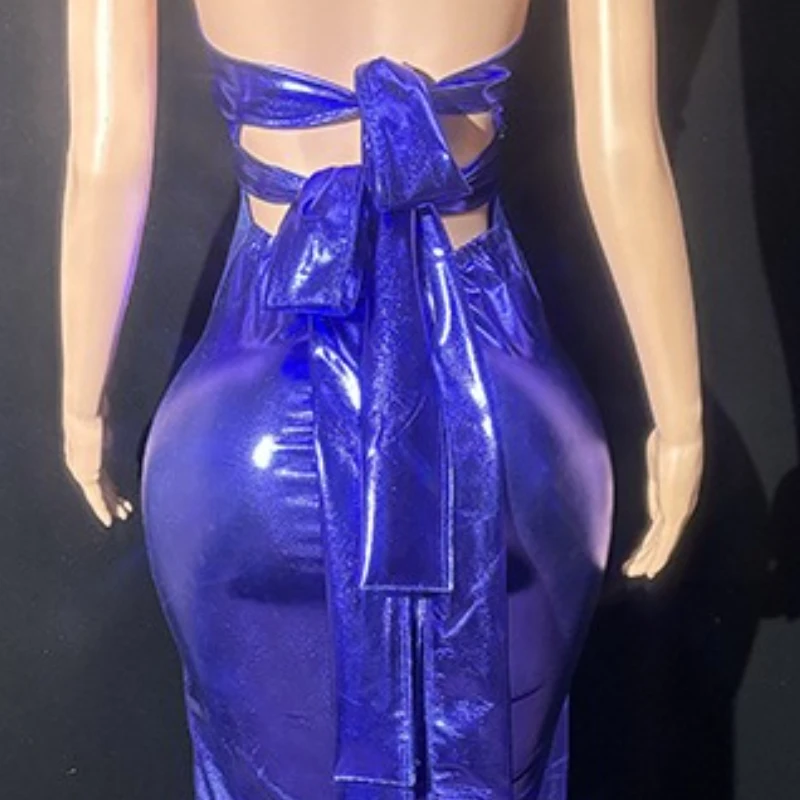 คอสีม่วง Slim Temperament วันหยุดริมทะเลชุดเปลือย Star สีแดงพรม Catwalk นักร้องเทศกาลดนตรี Mini Vestido เซ็กซี่ร้อน