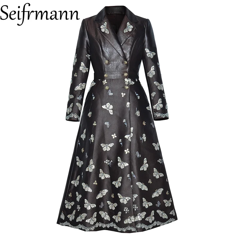 Seifrmann 2026 Spring Women's New Fashionable Collar Long Sleeve Butterfly Sparkle Double Row Buckle Waist Coat