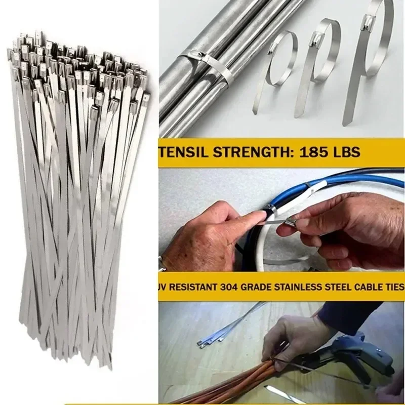 120/20Pc Stainless Steel Cable Ties Exhaust Wraps Coated Locking Heavy Duty Multi-Purpose Self-Locking Metal Cable Wire Zip Ties