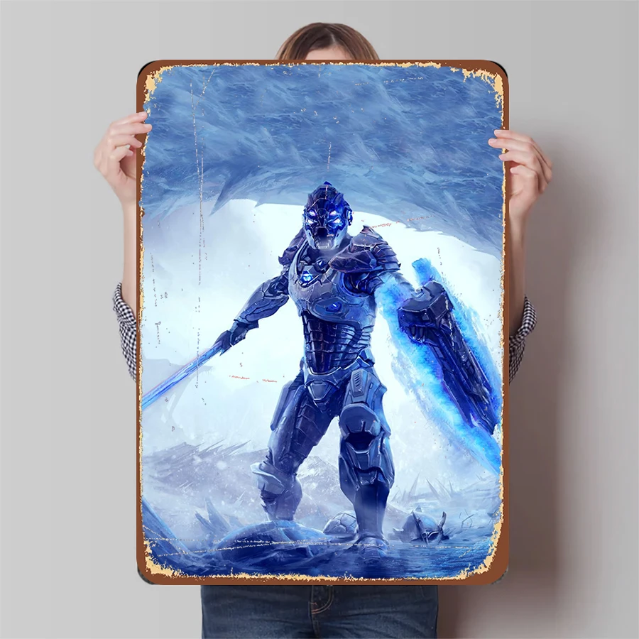 Mecha Warrior Metal Wall Art Sci Fi Game Character Decor HD Printed Iron Painting for Living Room Bedroom Decoration