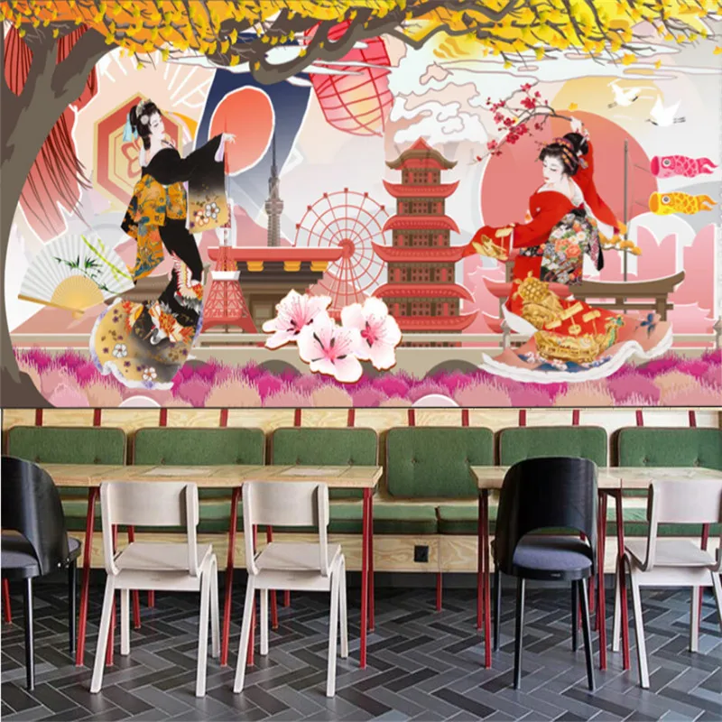 

Hand Painted Sakura Kimono Lady Japanese Restaurant Wallpapers Industrial Decor Background Wall Paper Mural Papel De Parede