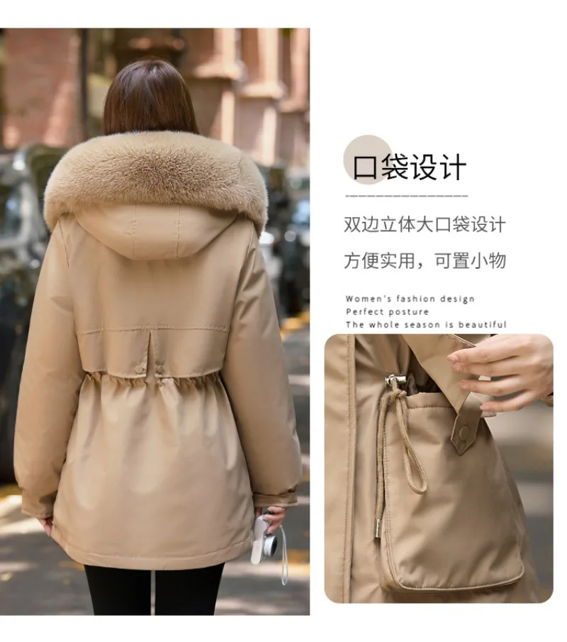2026 Winter Jacket New Women Parka Clothes Mid Length Coat Wool Liner Hooded Jacket Fur Collar Thick Warm Snow Wear Padded Parka