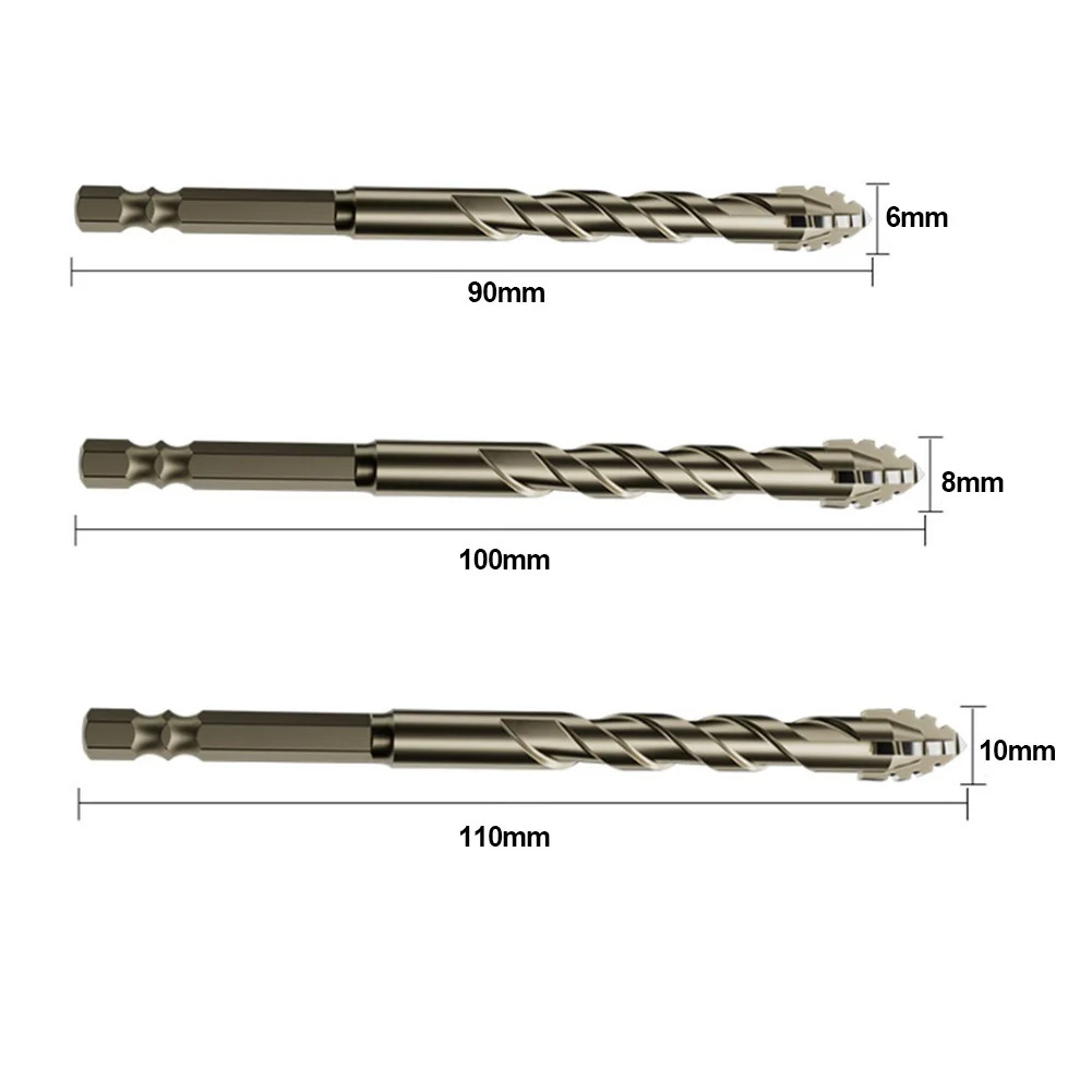 3 Pcs 1/4 Inches 6/8/10mm Drill Bits Four-Flute Eccentric Drill Drilling Glass Tile Punching Triangle Drill Bit Power Tools