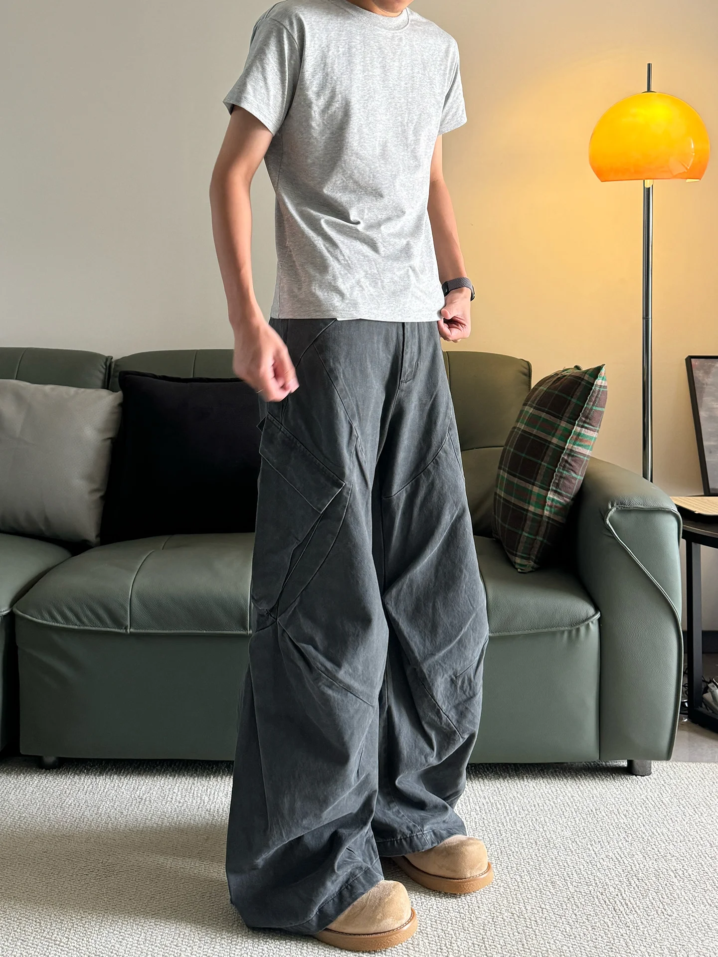 

Длинные брюки в американском стиле ретро, плиссированные угловые брюки для мужчин и женщин, рабочая одежда с большим ножом, повседневные хлопковые прямые брюки