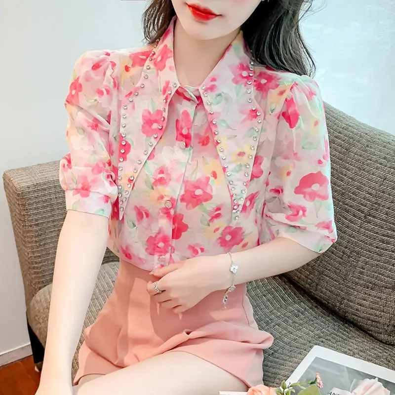 Fashion Puff Sleeve Printed Lapel Diamonds Loose Chiffon Shirt 2022 Summer New Commute Tops Elegant Female Clothing Sweet Blouse