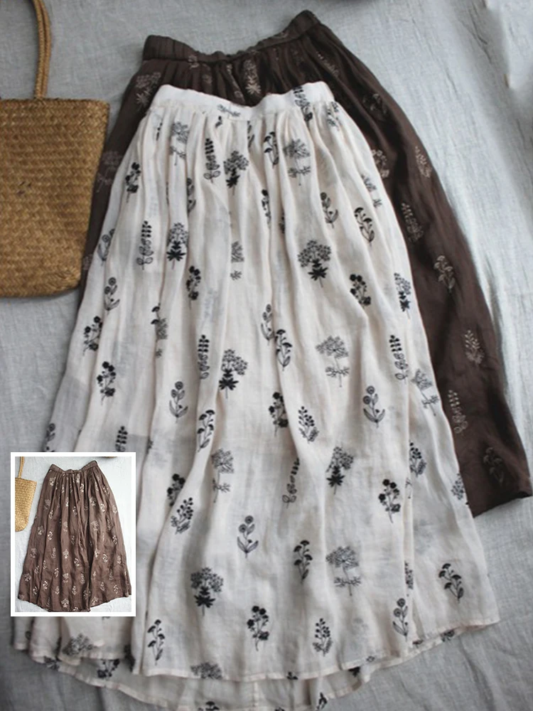 

Heavy Embroidery Double Layered Linen A-Line Midi Skirt plus Size Women's Faion Retro Slimming Long Skirts Casual Wear