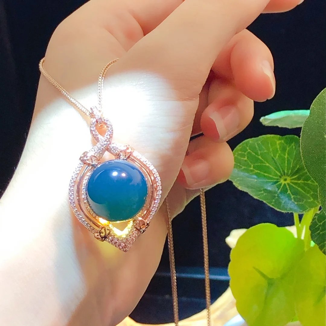 Natural Mexican Blue Amber 16mm Pendant Solid Silver Hollow Openwork Twisted Design Layered Handmade Dainty Jewelry for Women