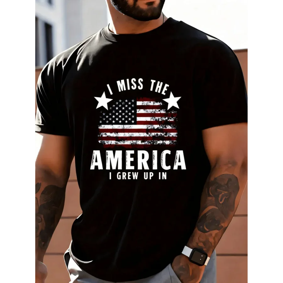 American Flag Design Men's T-Shirt I Miss The America I Grew Up With Patriotic Pattern Summer Casual Wear Gift For Father Or Fri