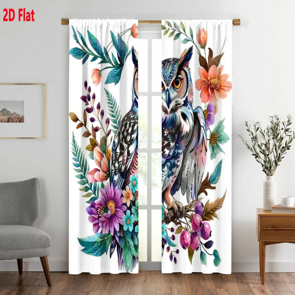 2PCS Digital Print Curtains, Watercolor Owl Perched on Floral Branch Pattern White, Artistic Natural Style for Living Room ／