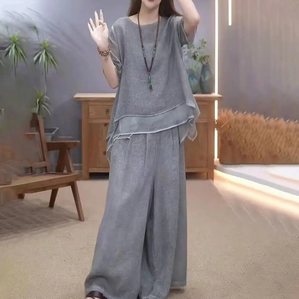 

Round Neck Top Pants Set Women Top Pants Set Stylish Women's Top Pants Set with Irregular Hem Blouse Wide Leg Trousers for Daily