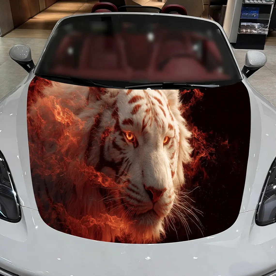 Car Decals A White Tiger with Distinct Stripes in a Fiery, Red-Orange Textured Background with Dynamic Flame Elements Car Hood S