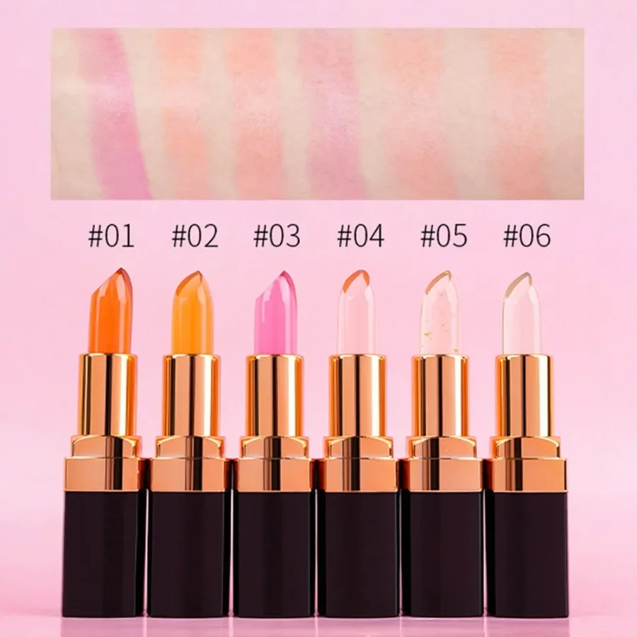 Bálsamo labial de gelatina de 6 colores de marca privada, taza antiadherente hidratante que cambia de Color, bálsamo labial nutritivo de larga duración fácil de colorear