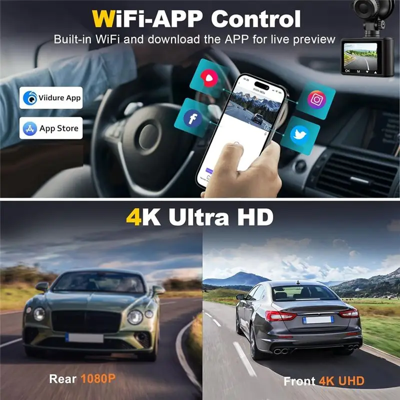 Auto-Dashcam, 4K 1080P Dashcam vorne und hinten, WLAN-Recorder-Kamera für Autos mit App-Steuerung, G-Sensor, Loop-Aufnahme-L94A