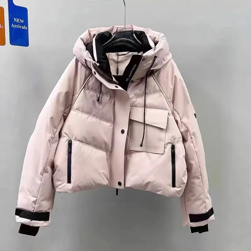 

Пуховая куртка на хлопковой подкладке, новая зимняя женская короткая корейская повседневная универсальная свободная парка с капюшоном и контрастной строчкой, женское пальто