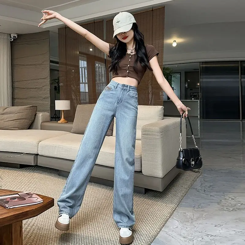 

High Waist Wide Leg Jeans Women's Slim Fit Straight Cut Floor Length Trousers Autumn New Sle Durable Cotton Polyester Blend