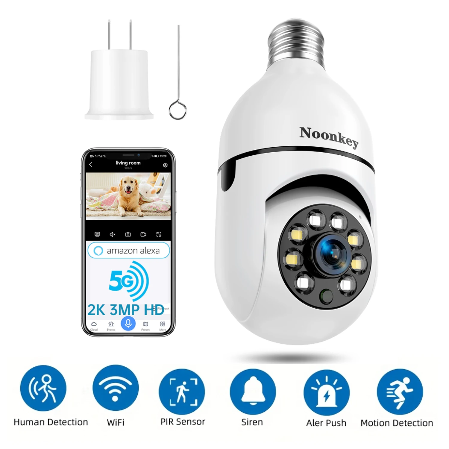 

2K Light Bulb Security Camera, 2.4g Wi-Fi, Motion/Sound/Light Alarm, 2-Way Audio, Alexa, Easy Install, Indoor/Outdoor
