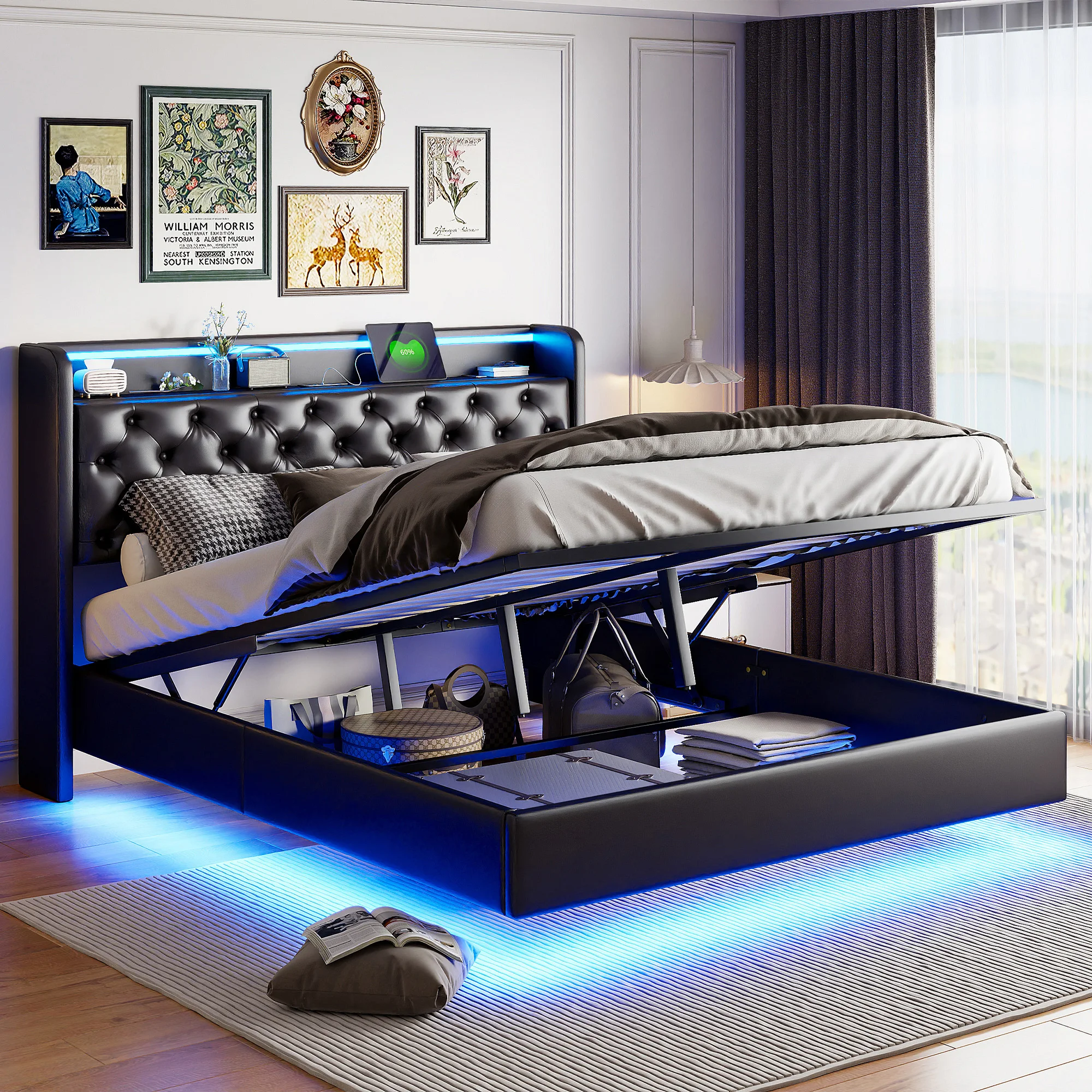 Rosahqnda Polsterbett, Doppelbett mit USB-Ladefunktion, LED-Beleuchtung, Kopfteil mit Stauraum, versteckte Bettfüße, Leder-Finish – Detail 6