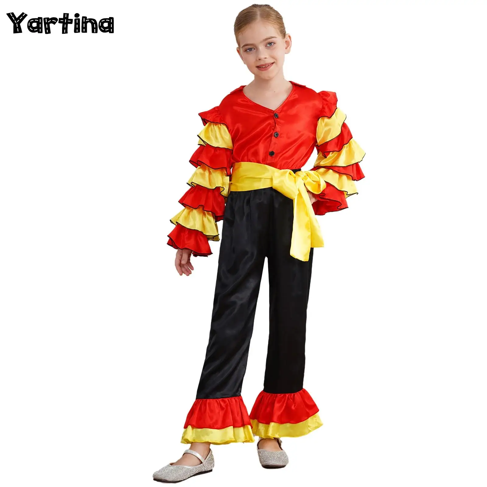 Kids Boy Halloween Cosplay Costume Tiered Ruffle Bodysuit High Waist Flared Jumpsuit Rumba Disco Dance Carnival Party Costume