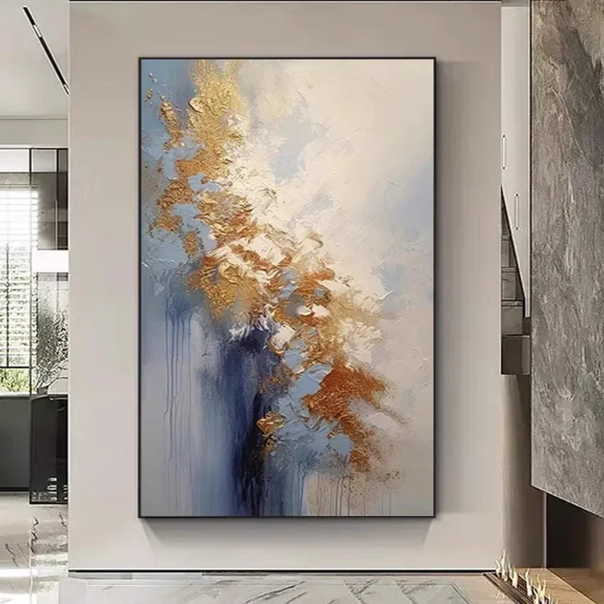 

Handmade Golden Blue Abstract Oil Painting Wall Art Noframed Modern Gold Abstract Canvas Oil Painting for Livingroom Wall Decor
