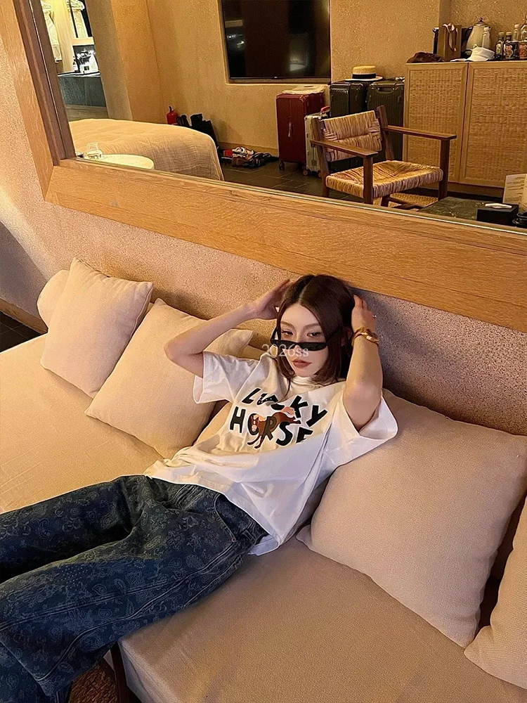 

Summer Cotton Short Sleeve T-Shirt Women's Loose Fit Cartoon Letter Design Versatile Slimming Youthful Print round Neck Top