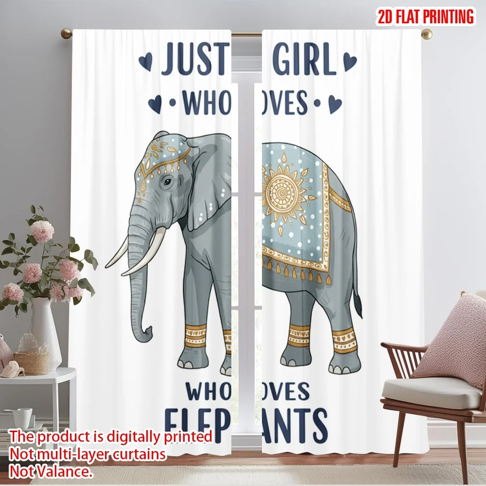 

2pcs 2D flat printing Window Curtains Loves Elephants Polyester Without Electricity Party Decorations Use for Photo Booths