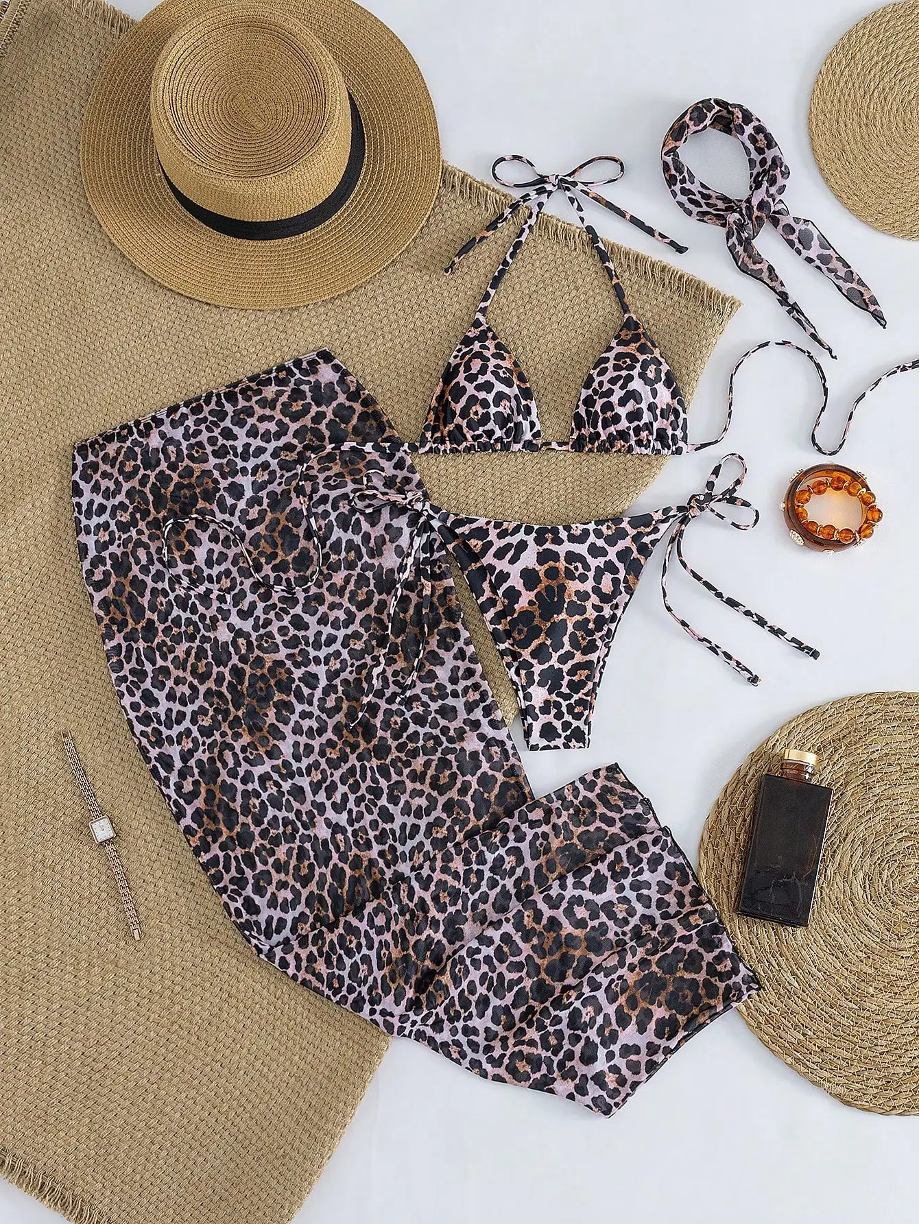 

Leopard Print Halter Tie Bikini Set With Cover Up And Headscarf