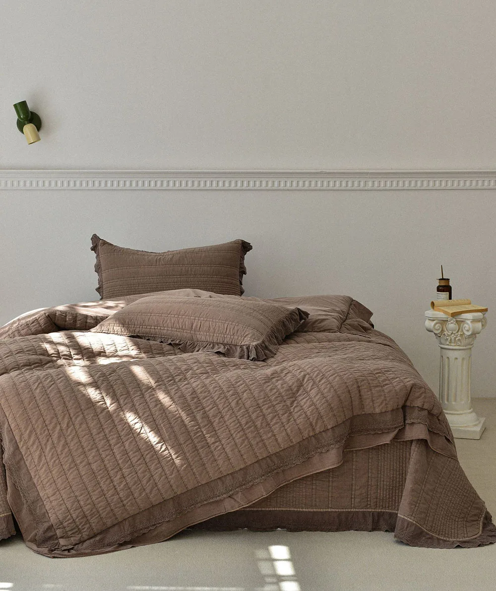 Soft Cotton Plant Enzyme Washed Quilt Set 3PCS Bedding Bedspread with Lace, Multifunctional Solid Color Quilted Duvet Cover 1PC 2