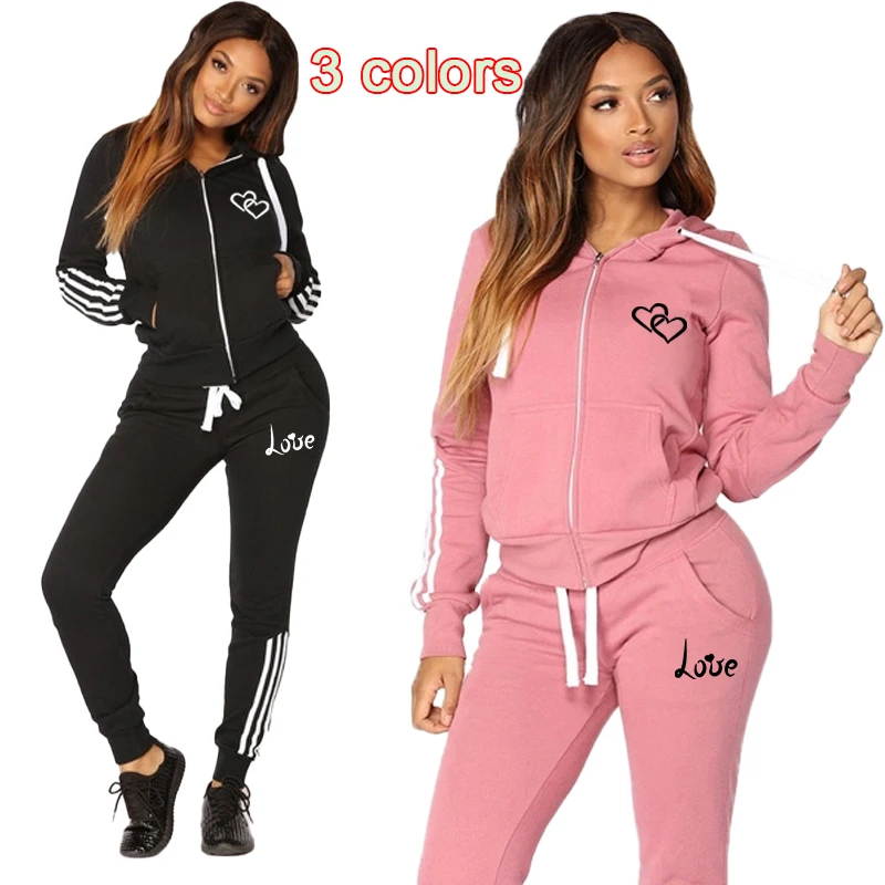 

Women's love printed striped sportswear 2-piece set Fashion casual long sleeved full zip jacket and pants sportswear set