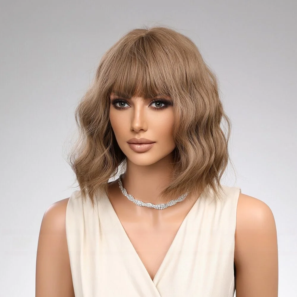 Woman blue brown short hair with bangs bobo synthetic breathable wig Synthetic