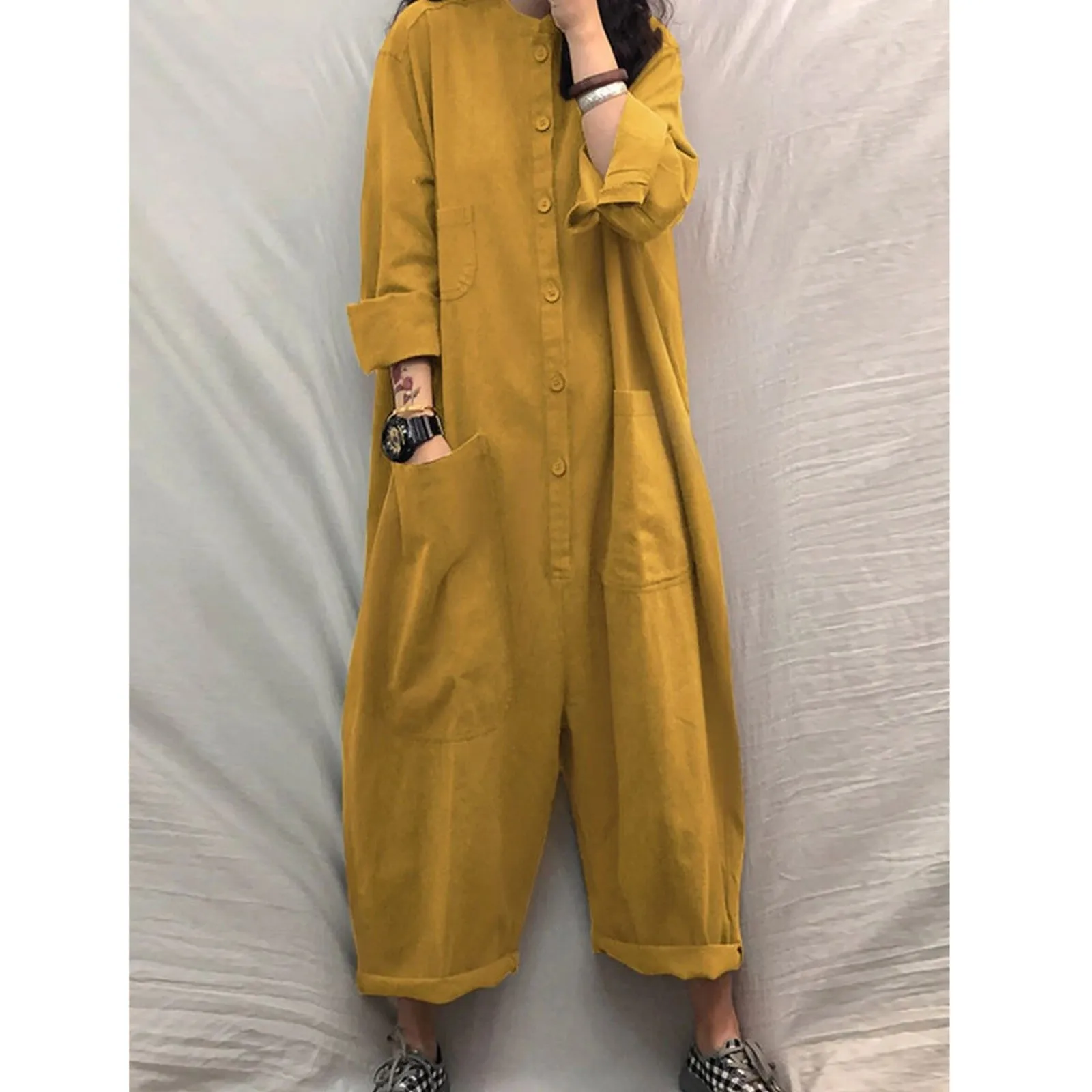 Women'S Round Neck Jumpsuits Casual Fashion Temperament Solid Long Sleeve Button Cargo Jumpsuits Loose All-Match Street Style