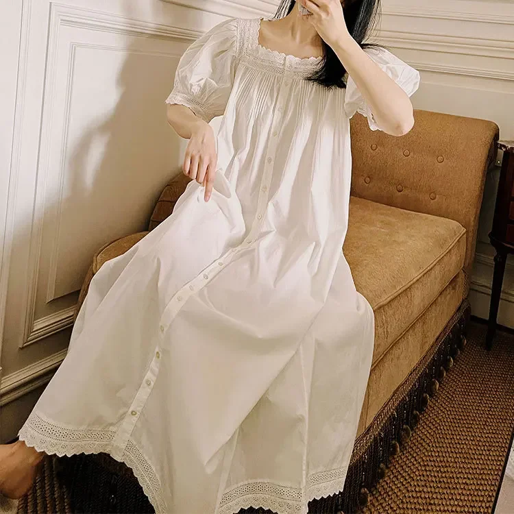 

Summer French Sleepwear Square Neck Short Sleeve Long Nightgown Women's Retro Cotton Palace Princess Style Pajamas Home Fury