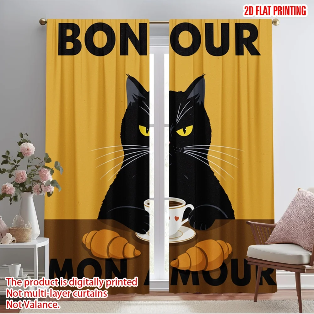 

2pcs 2D flat printing Curtains Black Cat Coffee Croissant Bonjour 100% Polyester Without Electricity 0 for Holiday Decor